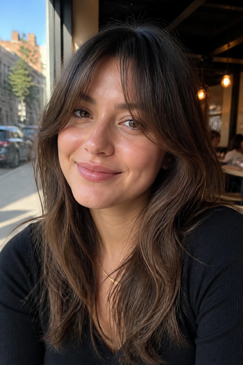 Close-up portrait of a real woman with long curtain bangs opening at the nose on a round face in a cafe setting