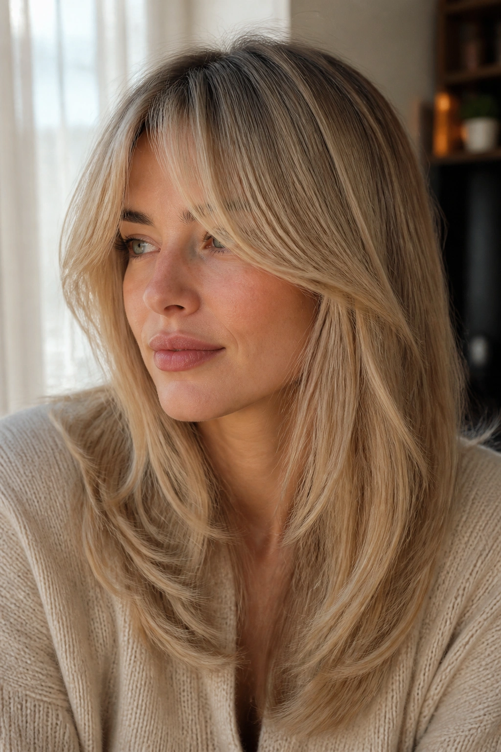 Real woman with curtain bangs and long blended layers in a beige blonde tone, lit by soft daylight
