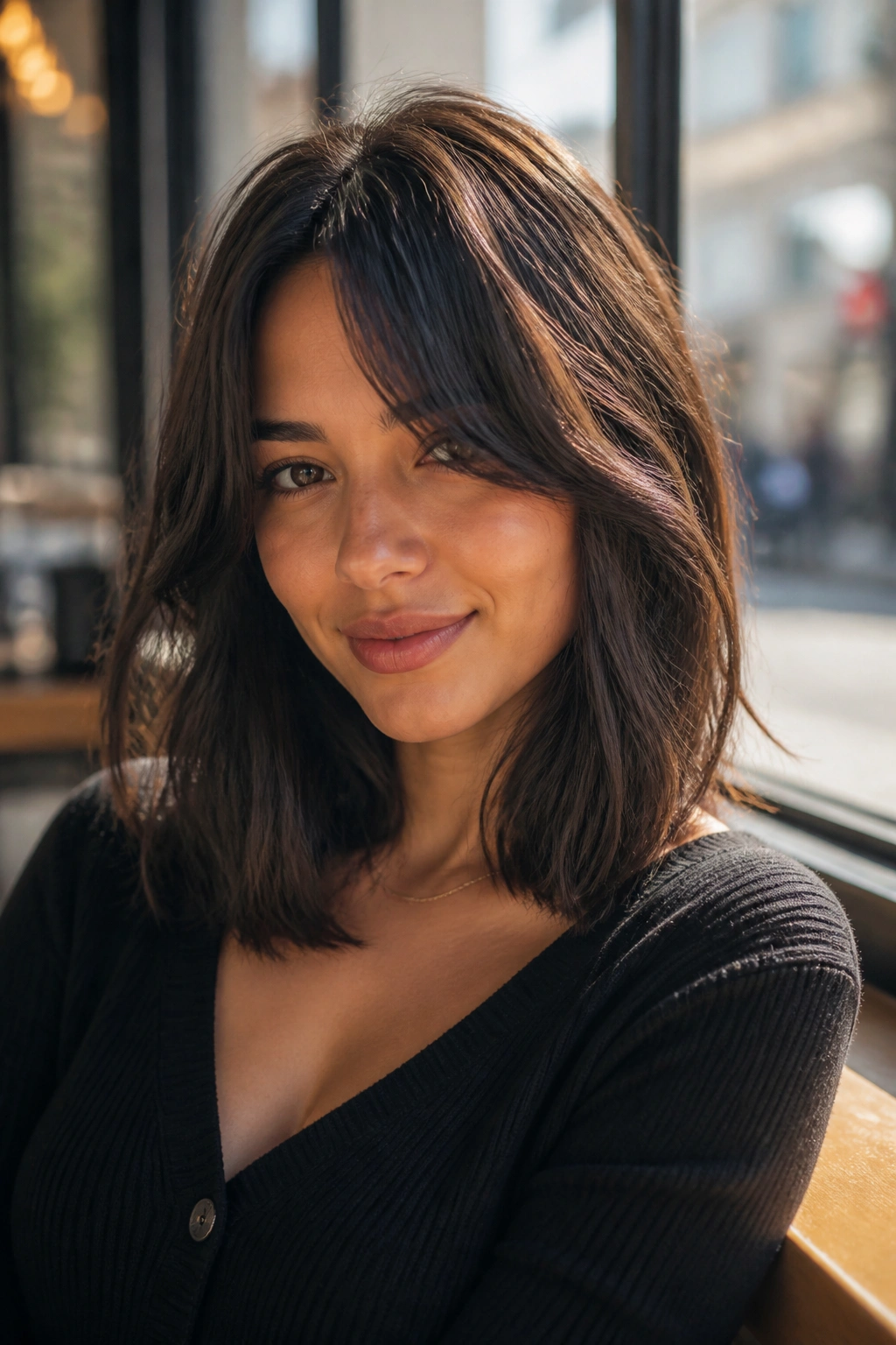 Close-up of brunette with curtain bangs and long bob