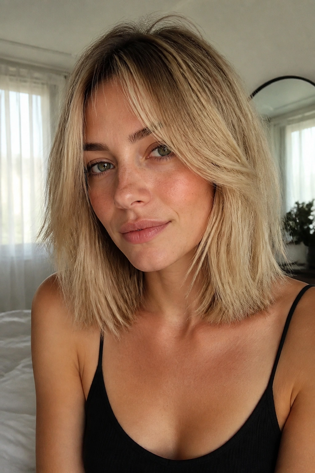Medium close-up of a real woman with curtain bangs and long blonde bob.