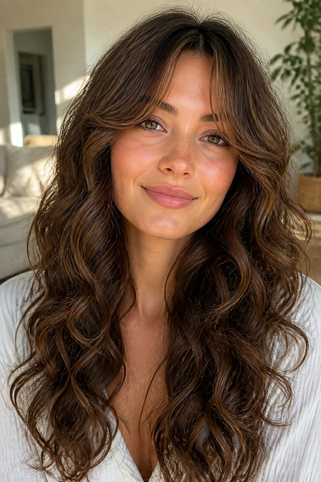 Portrait of woman with soft curtain bangs blending into long curls