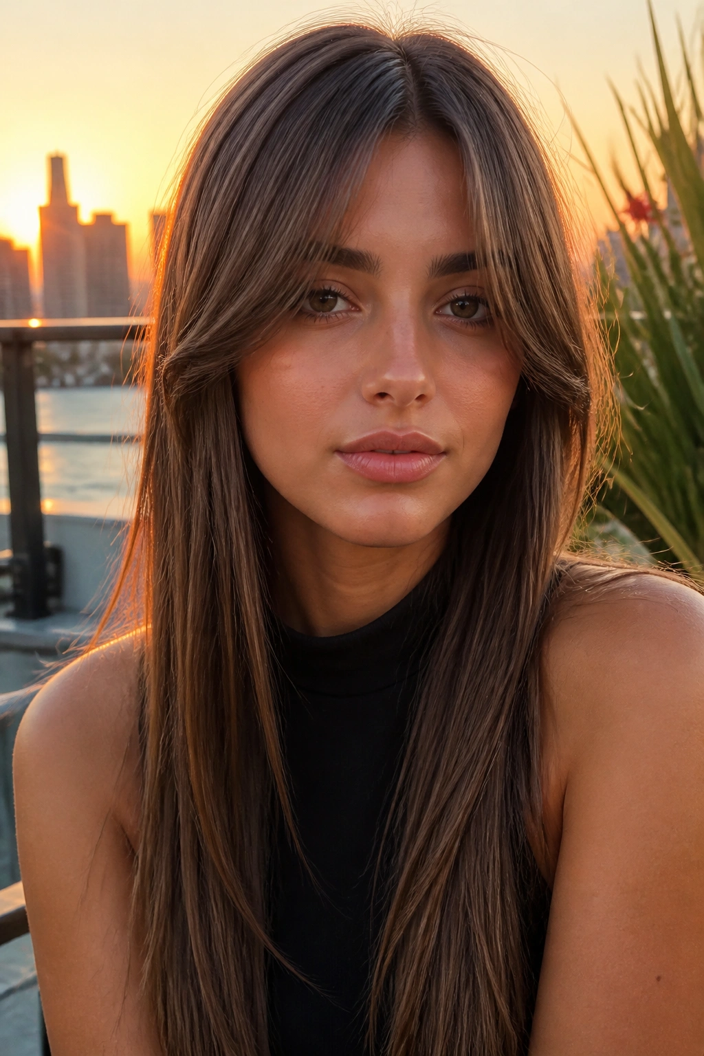 Close-up of real woman with curtain bangs and long straight hair