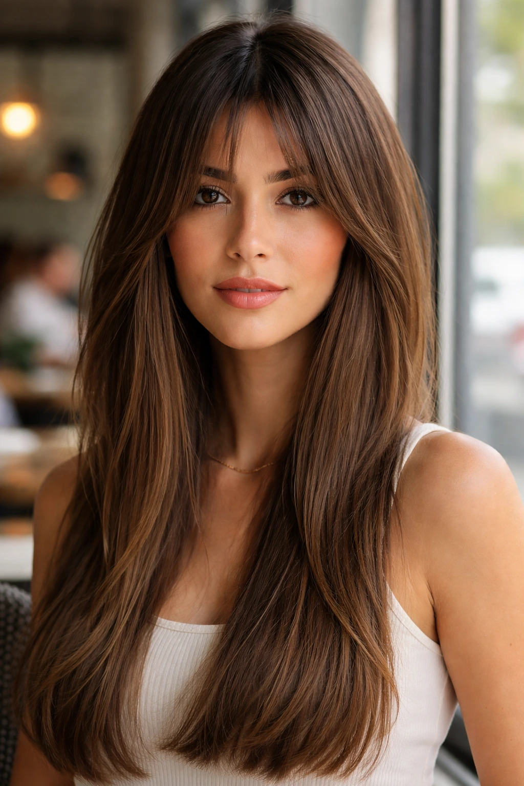 Real woman with long curtain bangs finishing straight at the ends in natural light