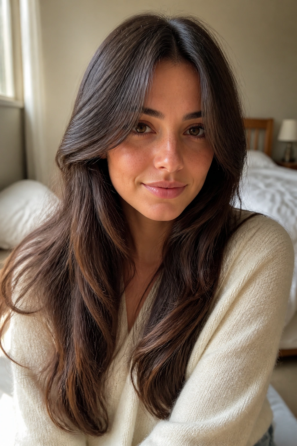 Close-up of woman with curtain bangs and long hair, soft window light.