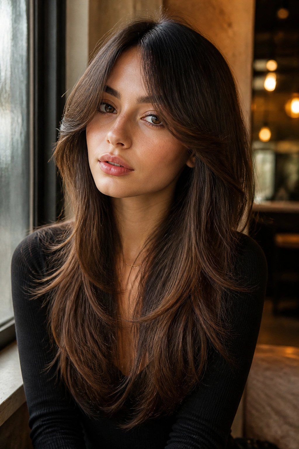 Close-up portrait of a real woman with curtain bangs and long layers in cafe window light