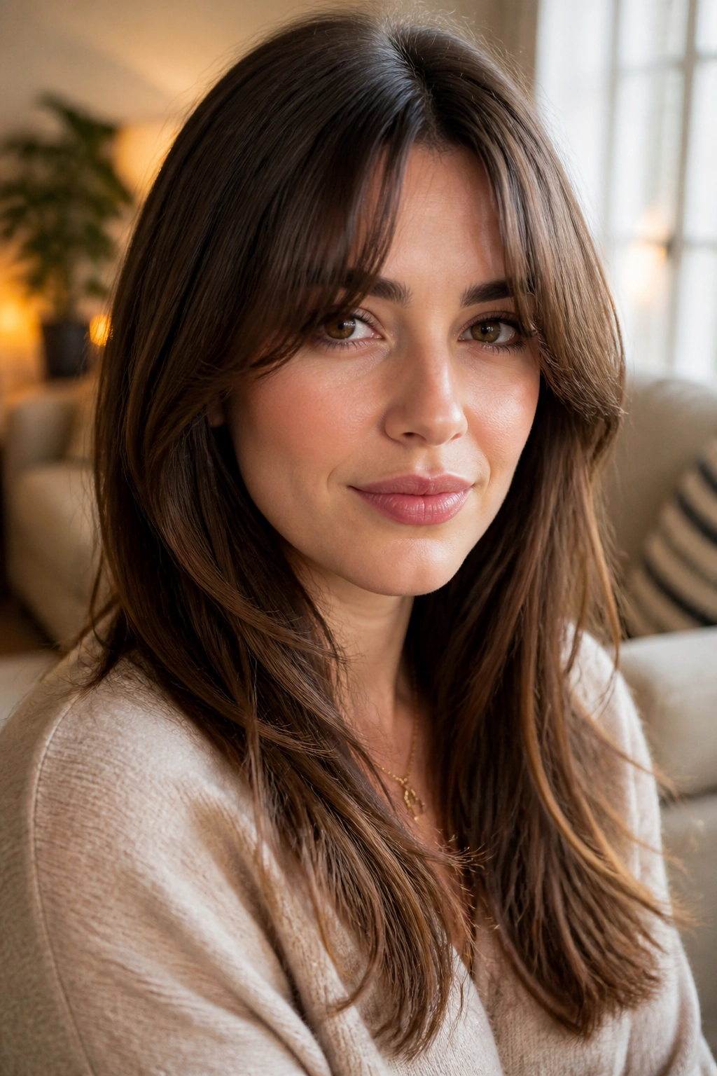 Real woman with curtain bangs and long layers, facing camera with soft light.
