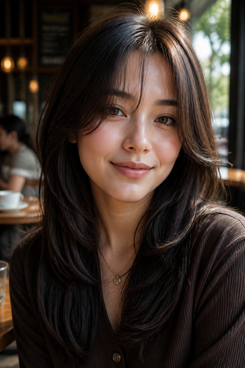 Close-up of curtain bangs with long layers on a real woman in cafe light.