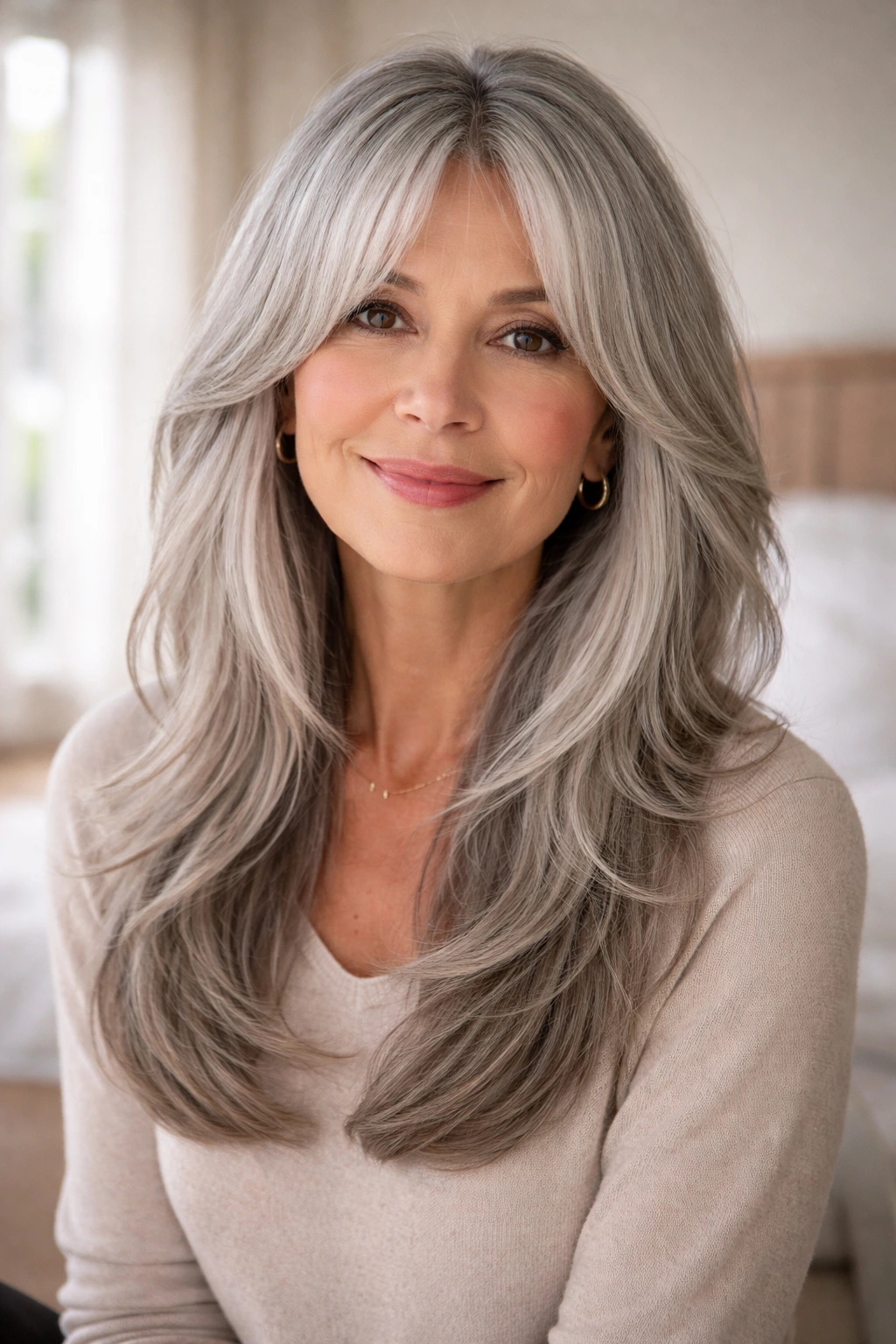 Close-up of a woman with long layers and curtain bangs on grey hair.