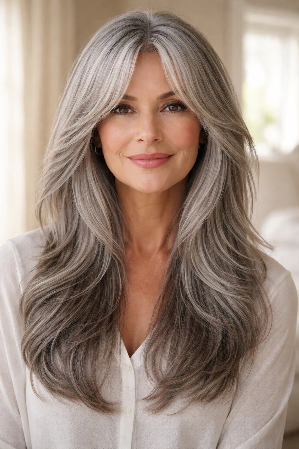 Portrait of a woman with long layers and curtain bangs in silver hair.