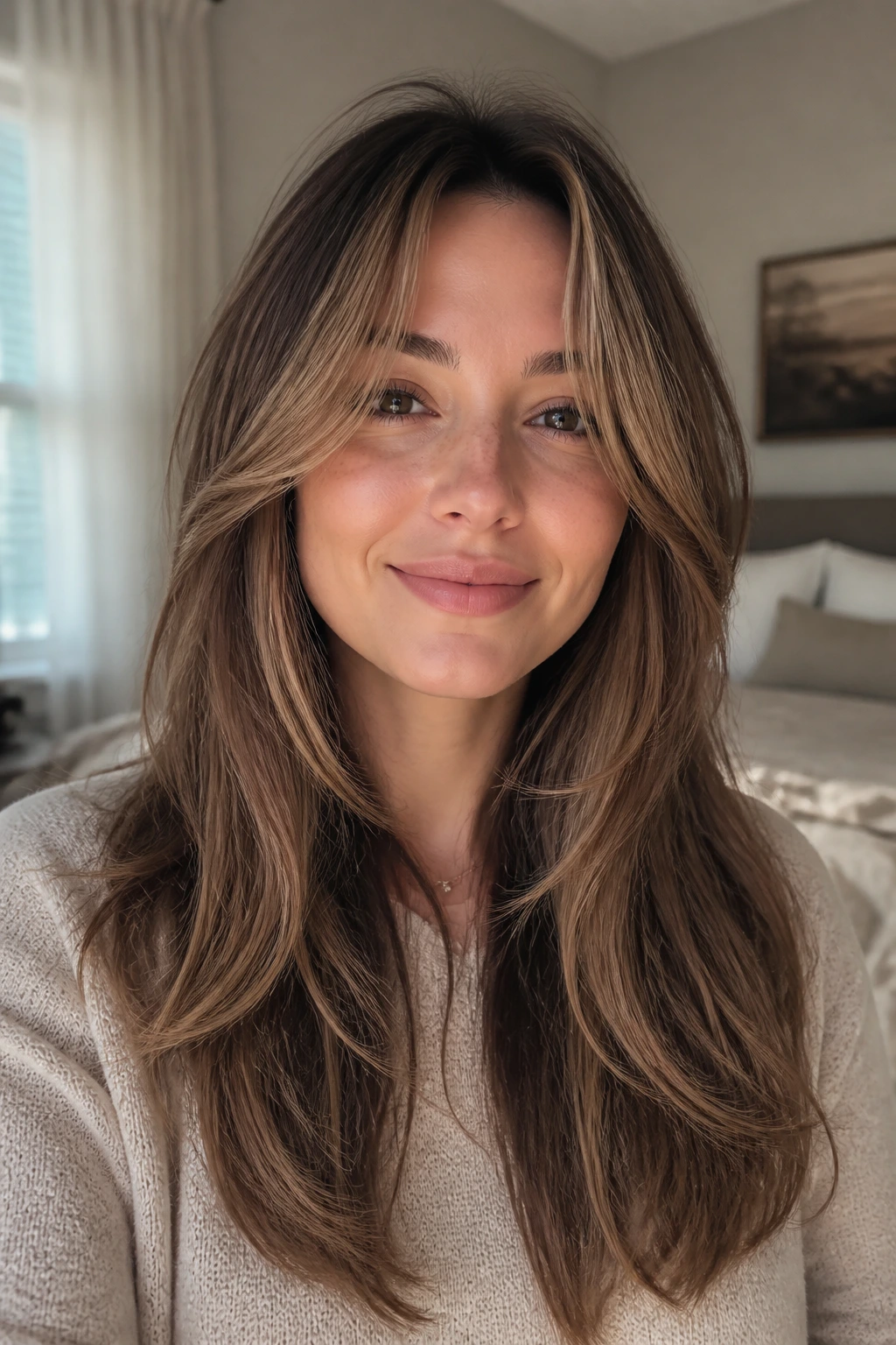 Close-up of a real woman with curtain bangs and long layers in natural window light