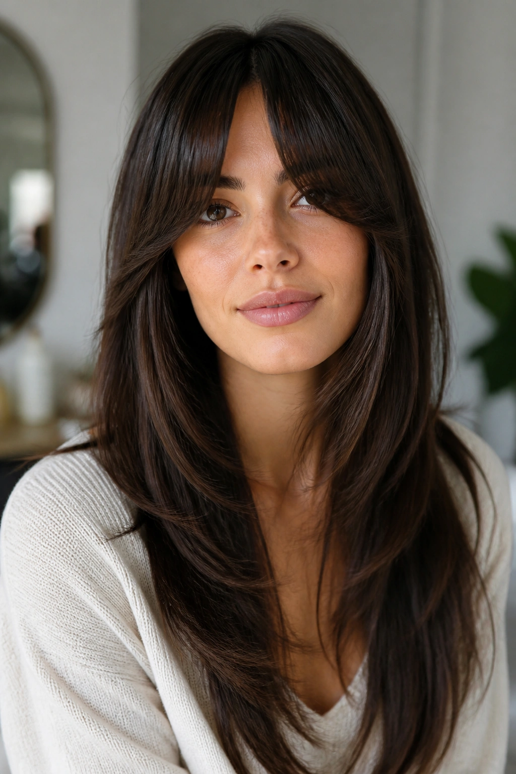 Portrait of a real woman with curtain bangs and long layers.