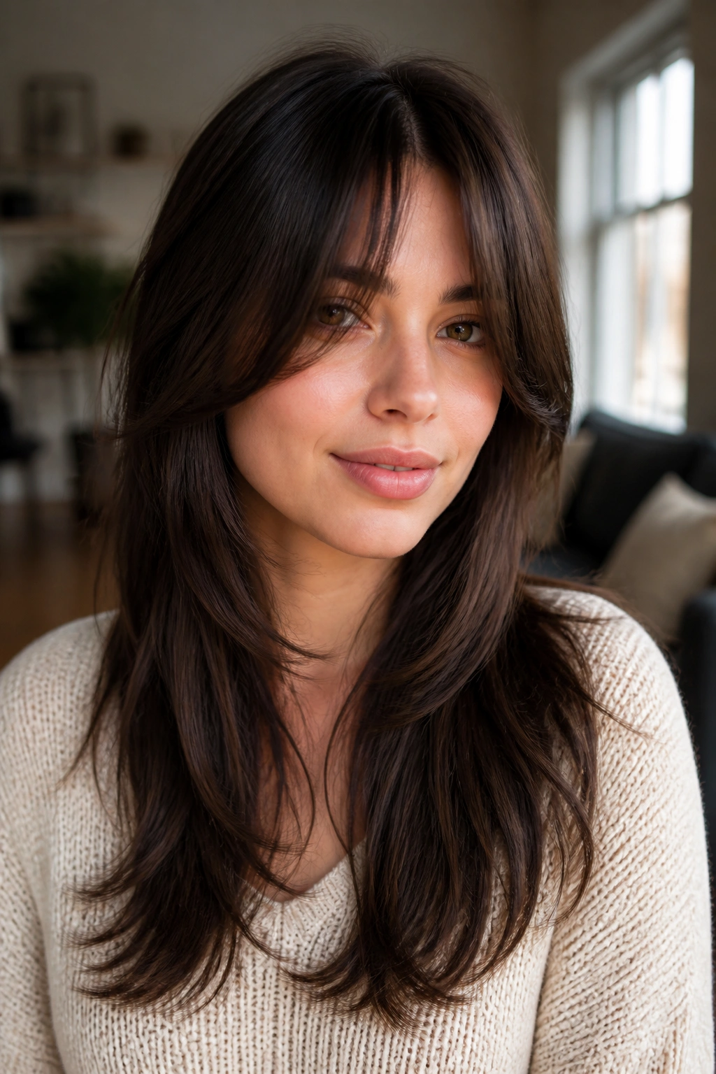 Close-up portrait of a real woman wearing curtain bangs with long layers, warm window light.