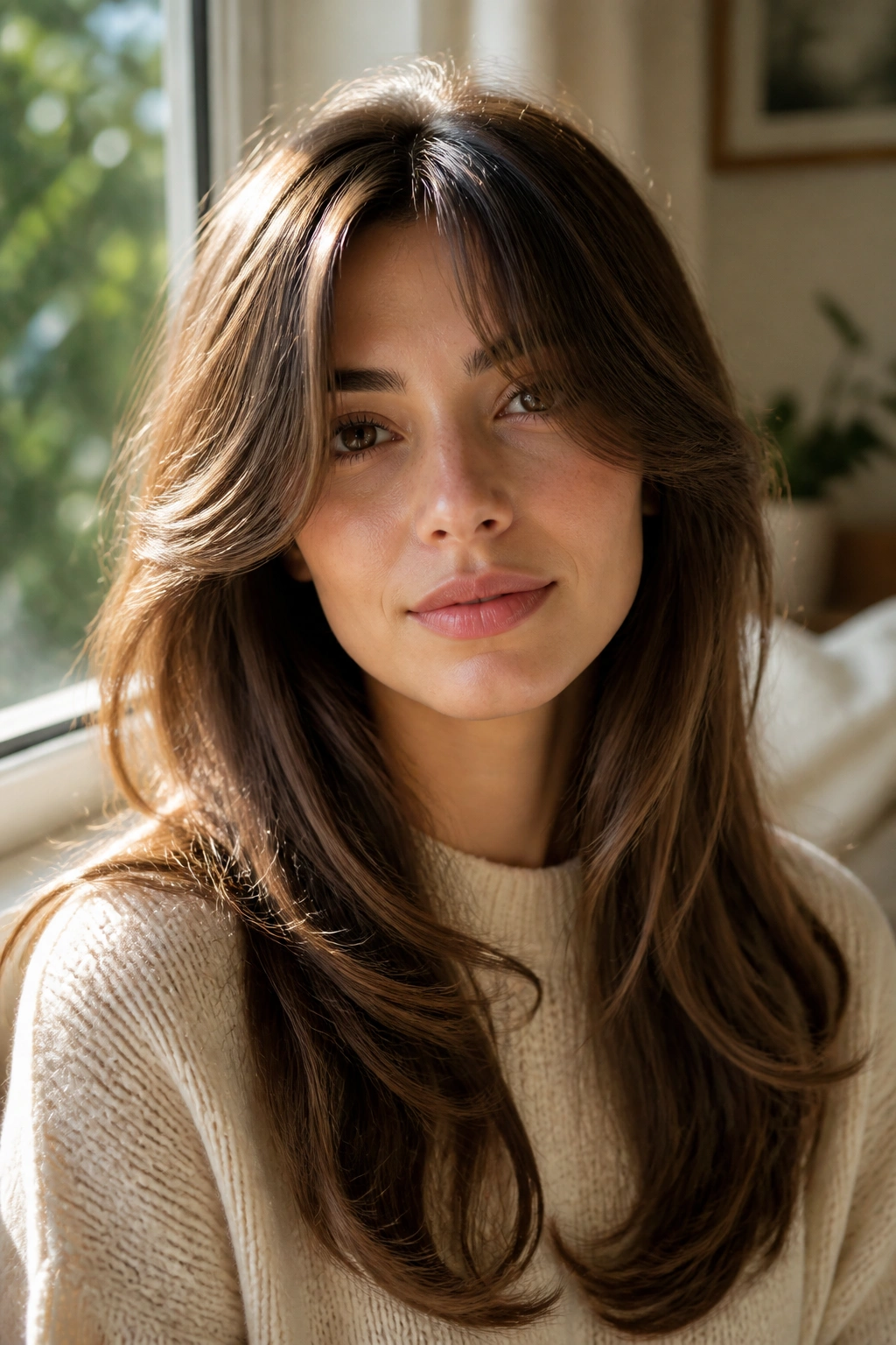 Portrait of a person with curtain bangs and long soft layers.