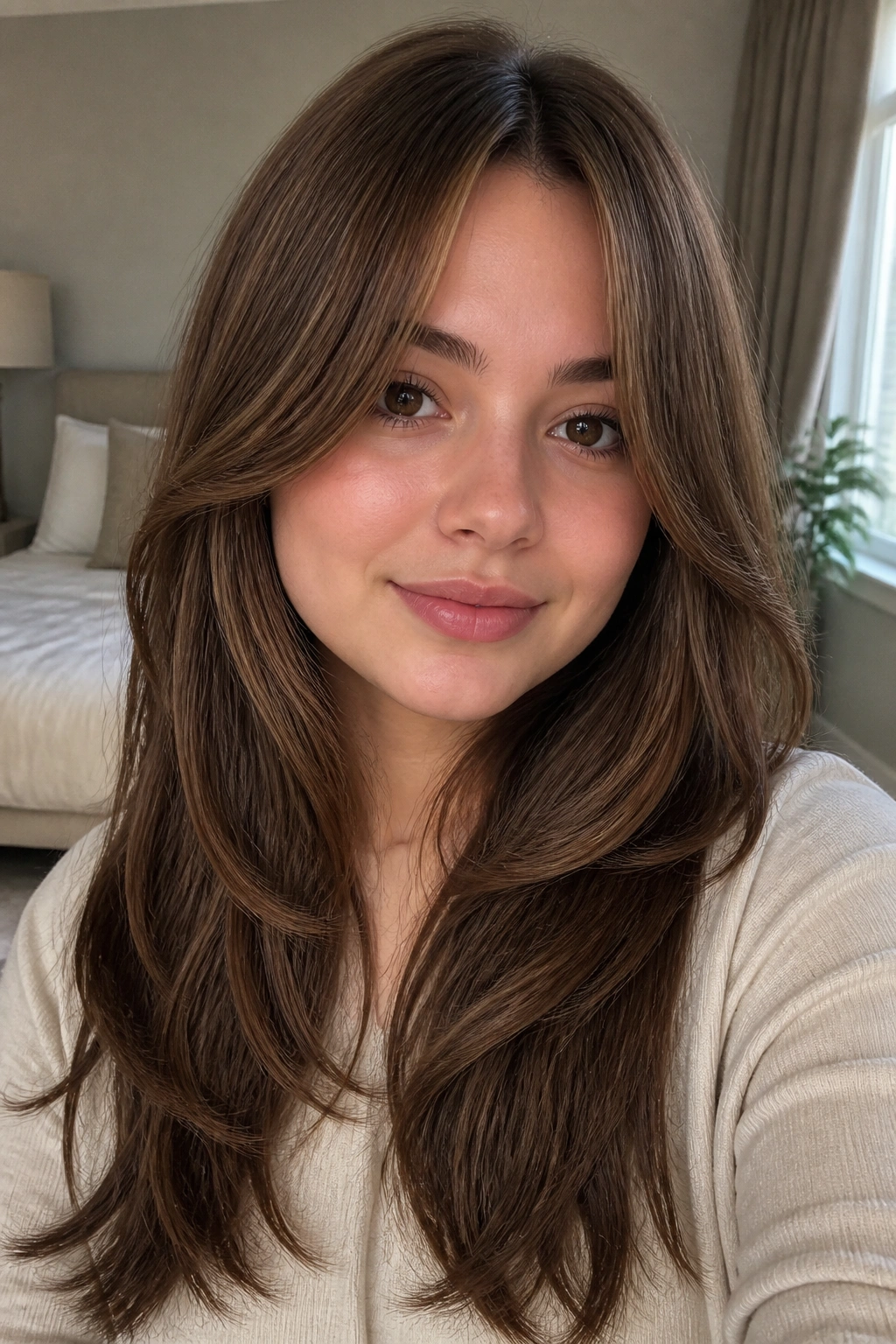 Close-up of a woman with long layered hair and curtain bangs on a round face in warm natural light