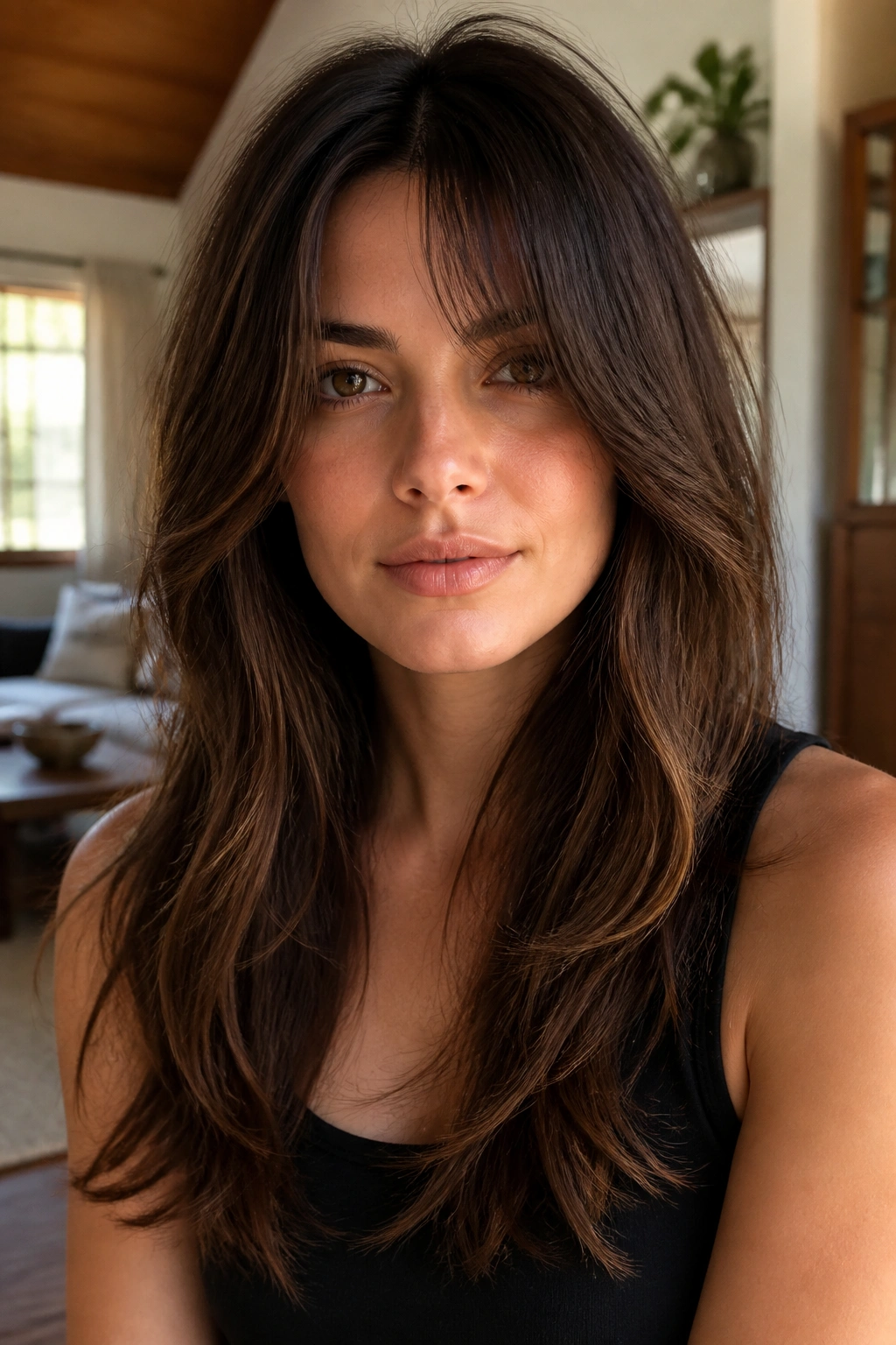 Real woman with curtain bangs and long layers, soft fringe