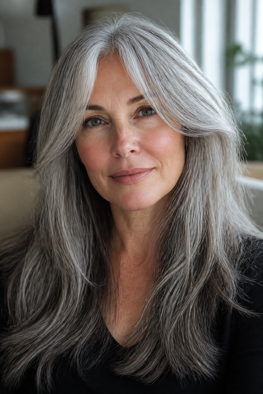 Portrait of a real woman with curtain bangs and long gray length
