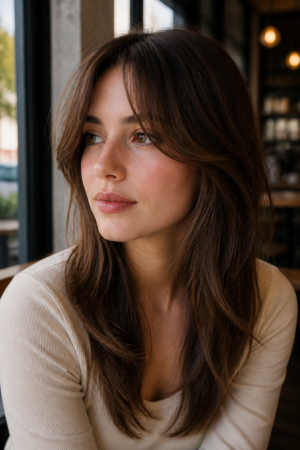 Portrait of a real woman with curtain bangs and long side pieces.