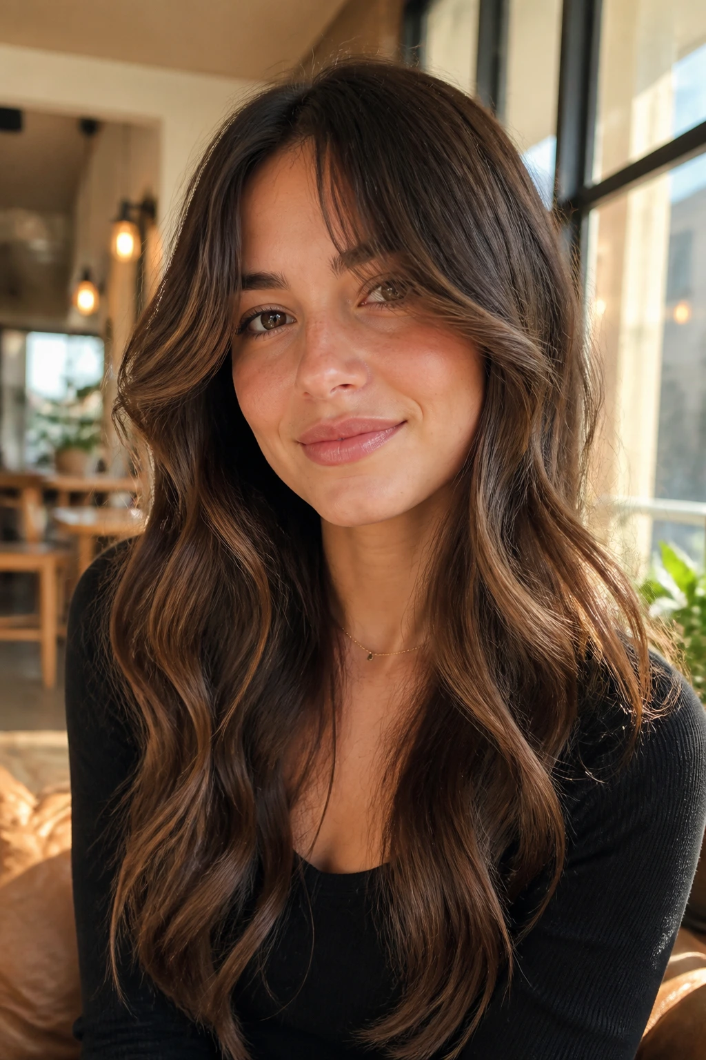 Portrait of a real woman with curtain bangs and long waves framing the face.