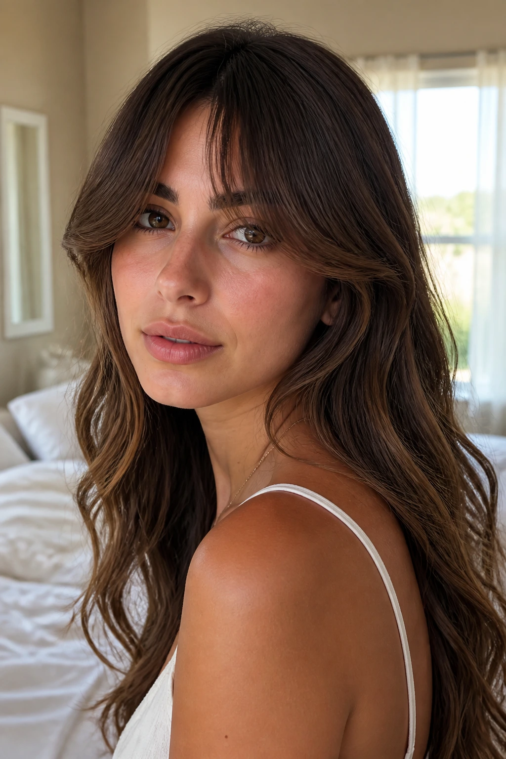 Portrait of a woman with curtain bangs and long waves framing her face