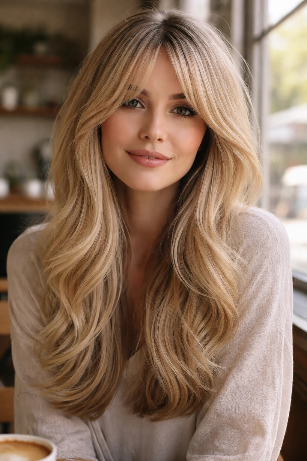 Close-up portrait of a real woman with curtain bangs and long layered waves in natural daylight.