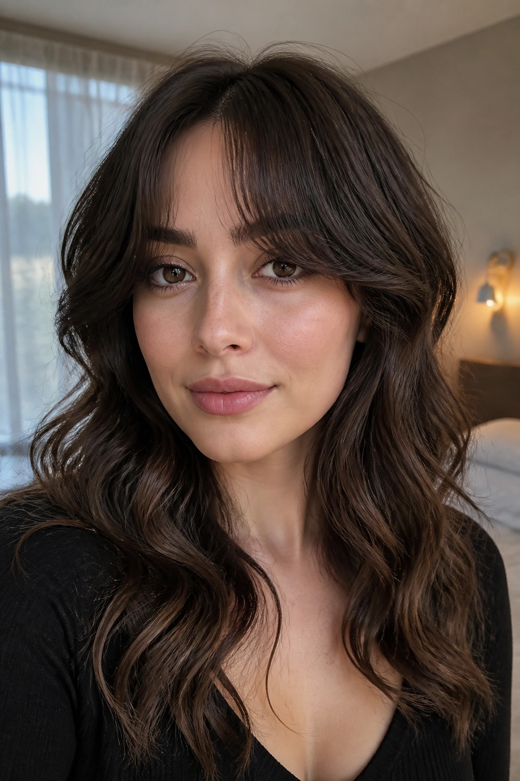 Close-up of a real woman with curtain bangs and loose waves in soft window light.
