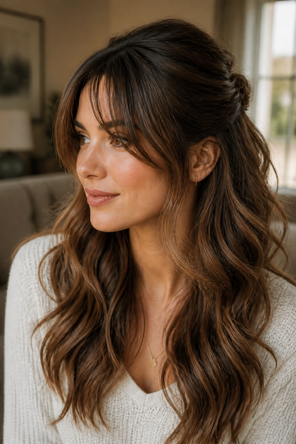 Close-up of a real woman with curtain bangs and loose waves in a half-up hairstyle