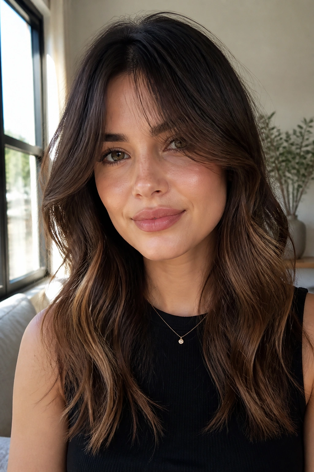 Close-up of a real woman with curtain bangs and loose waves framing the face.