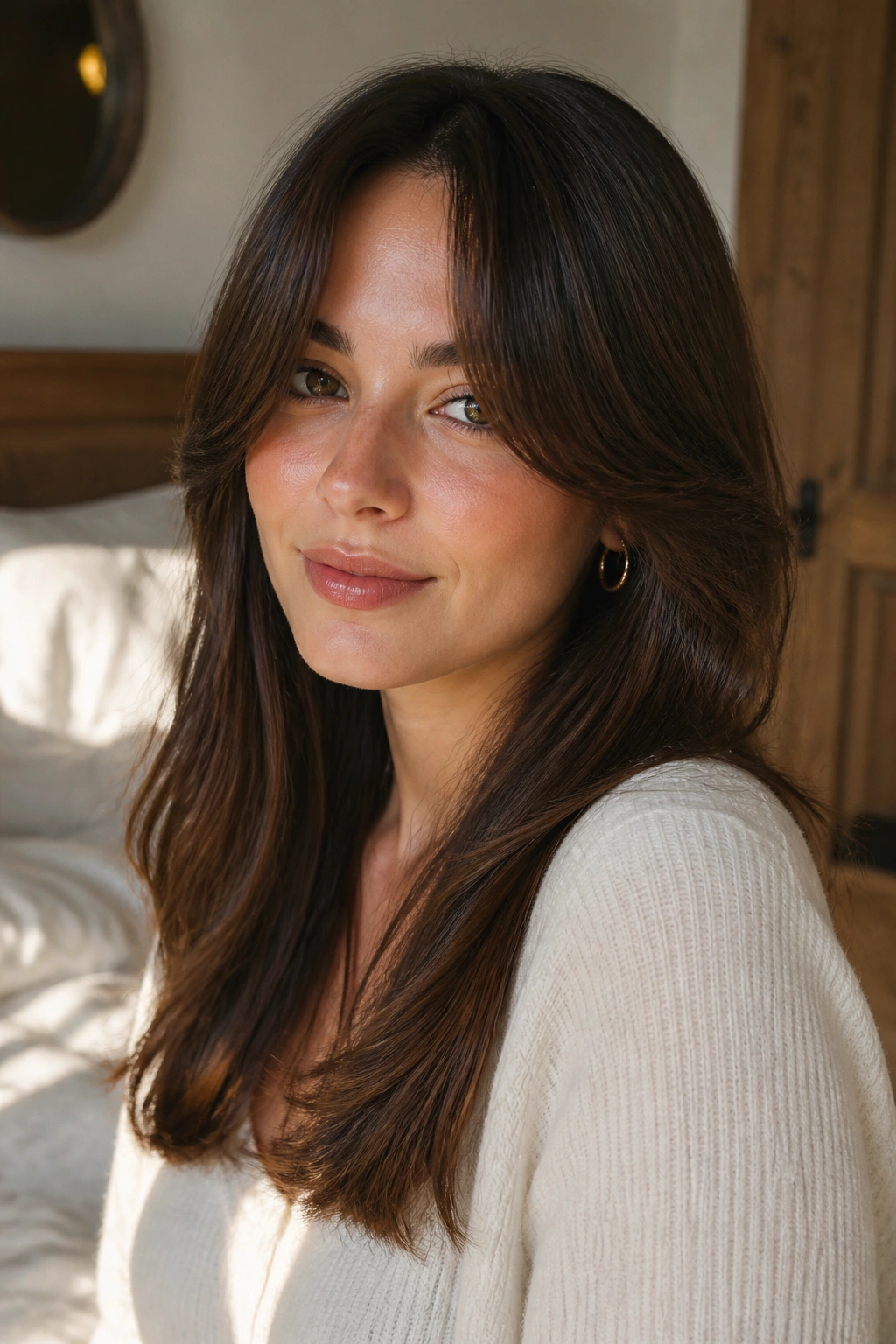 Close-up portrait of a woman with soft curtain bangs in sunlit bedroom