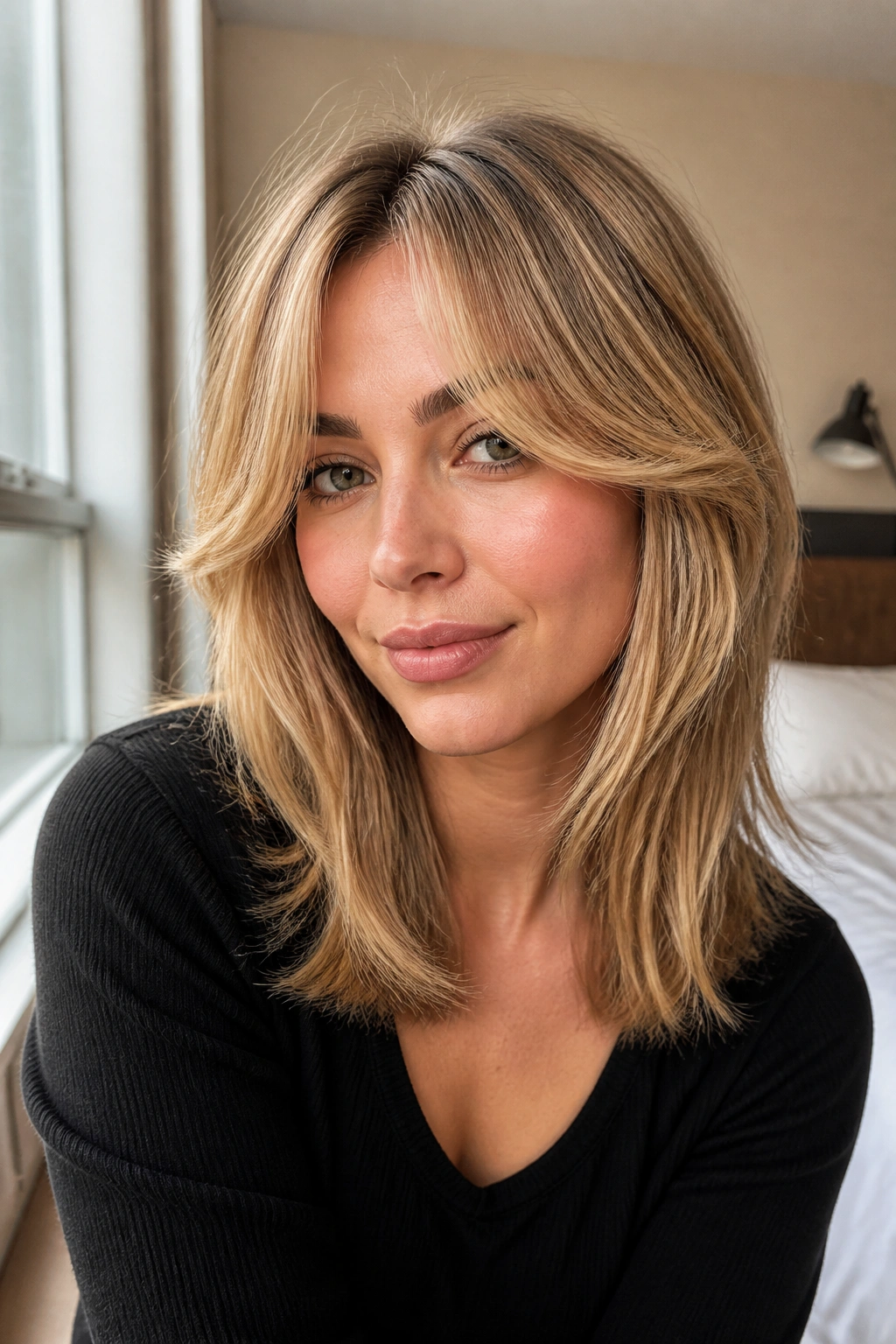 Close-up of a real woman with curtain bangs and medium layers in honey blonde.