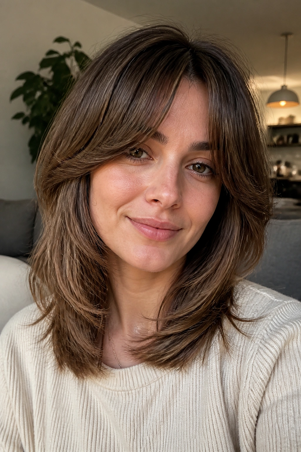Portrait of a real woman wearing curtain bangs and floating medium layers.