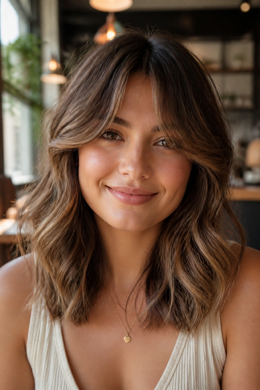 Close-up of a real person with curtain bangs and mid-length waves in soft cafe light