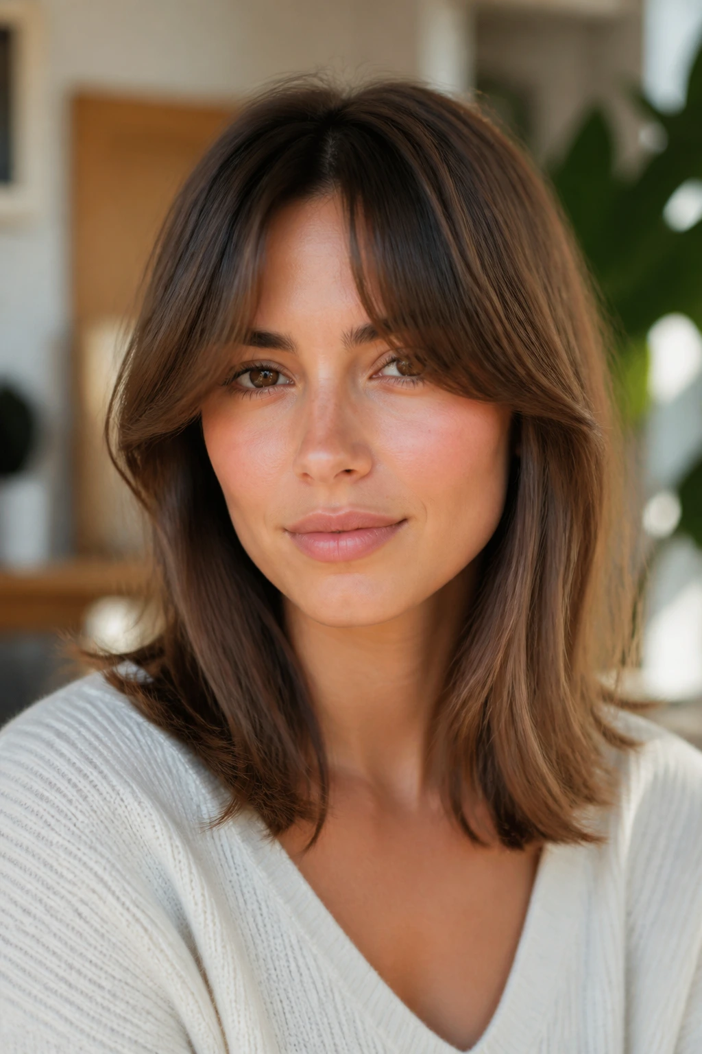 Portrait of a woman with curtain bangs and a mid-length shoulder cut.