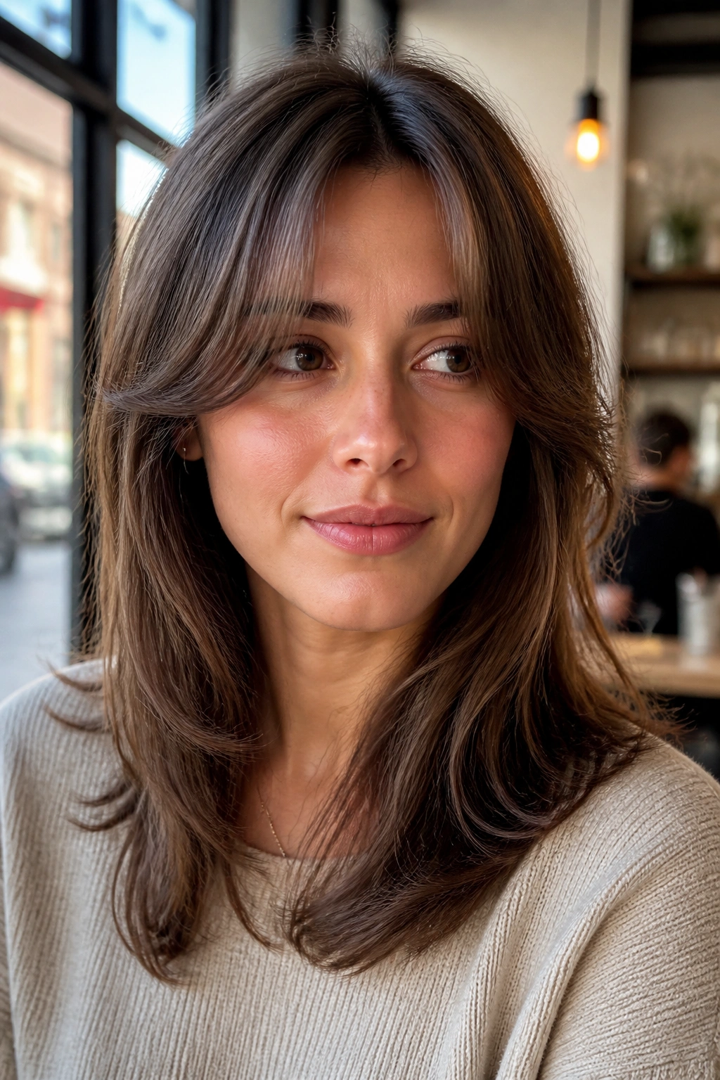 Real person with curtain bangs blending into mid-length layers, framed by soft bangs in a cafe light