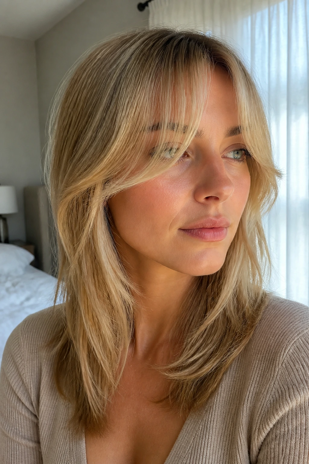 Close-up of a real woman with curtain bangs and mid-length layers.