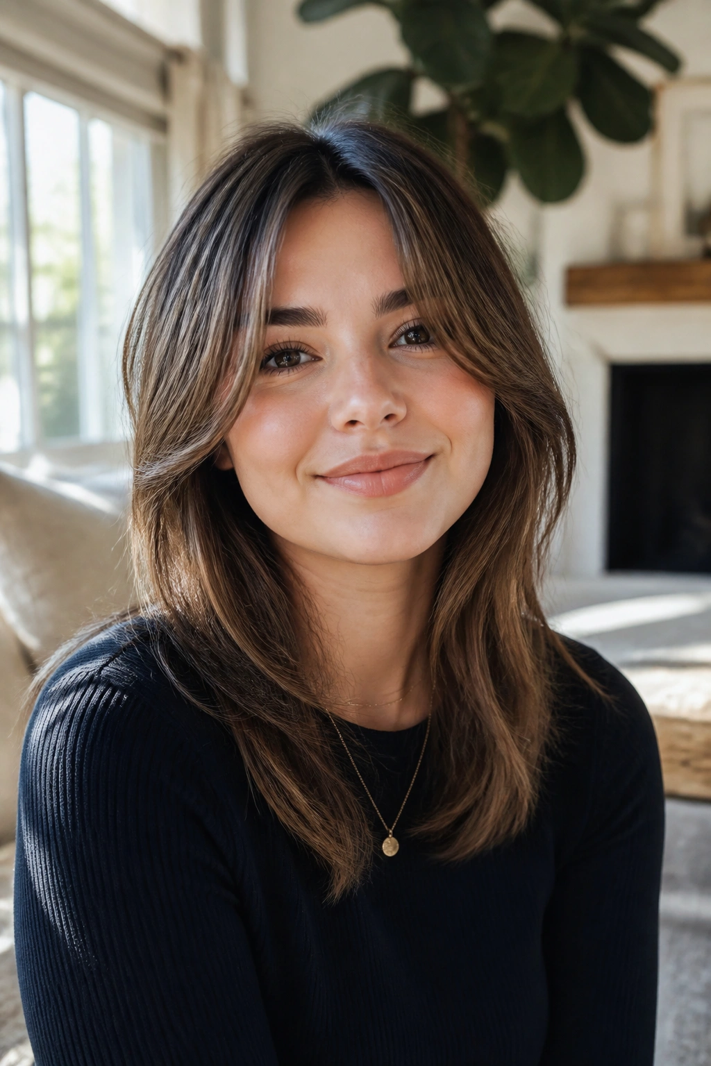 Portrait of a real woman with curtain bangs and mid-length layers in a cozy setting