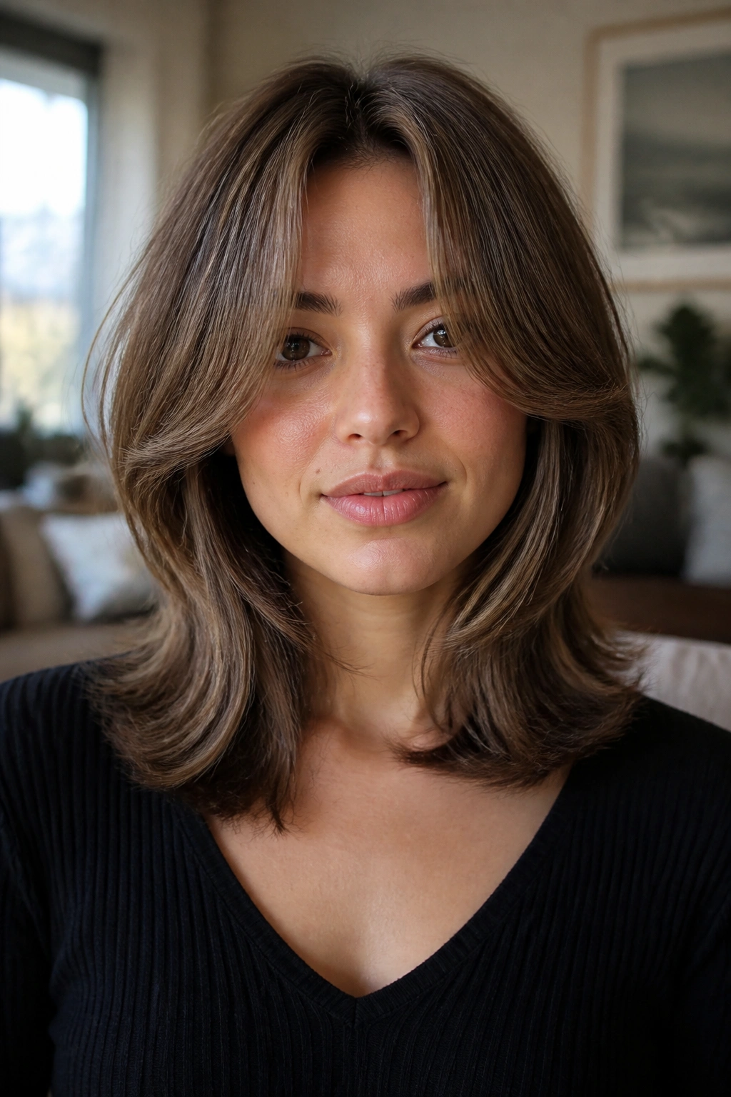 Portrait of a real woman with curtain bangs and mid-length layers