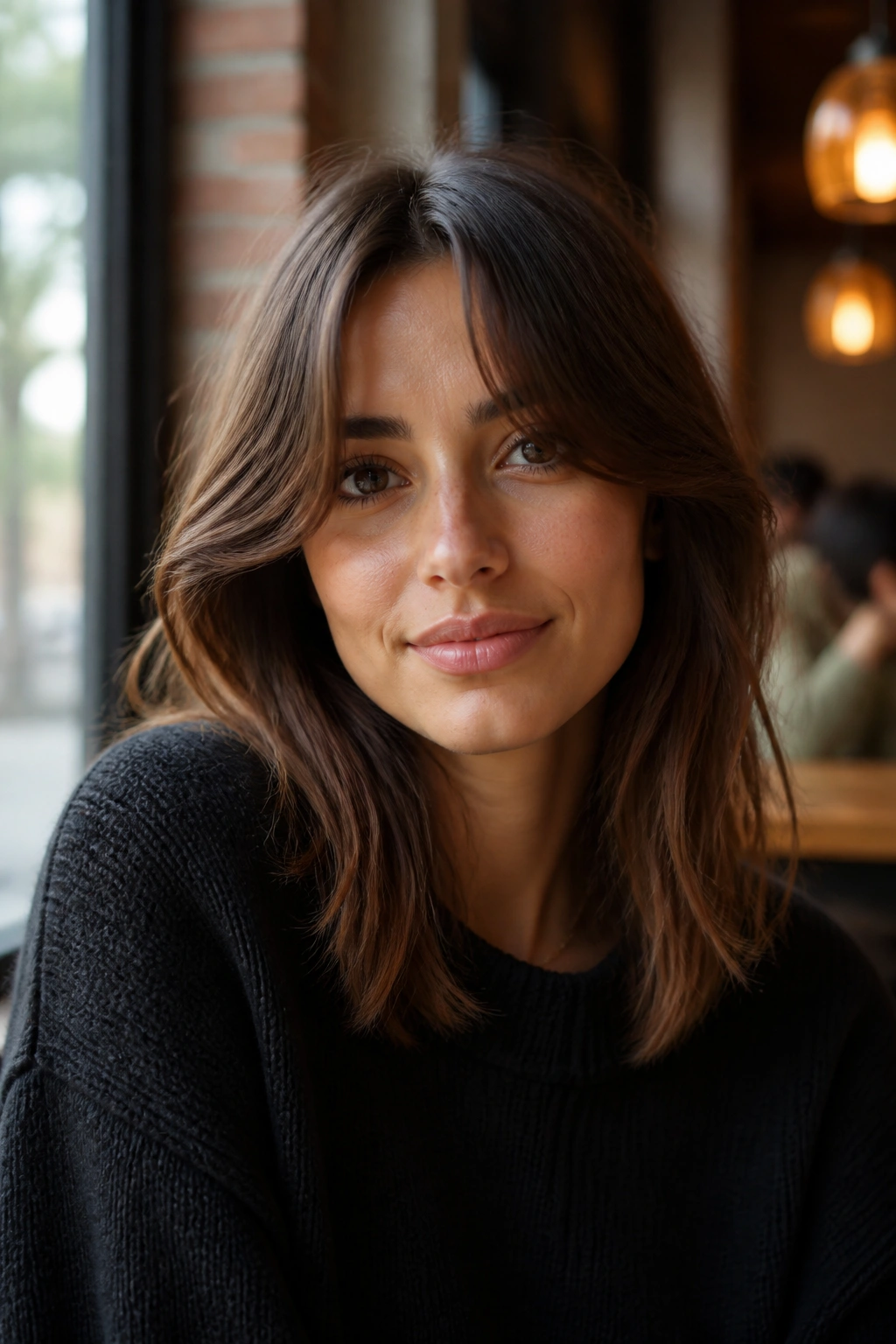 Close-up portrait of a real woman with curtain bangs and mid-length cut in a cafe window setting
