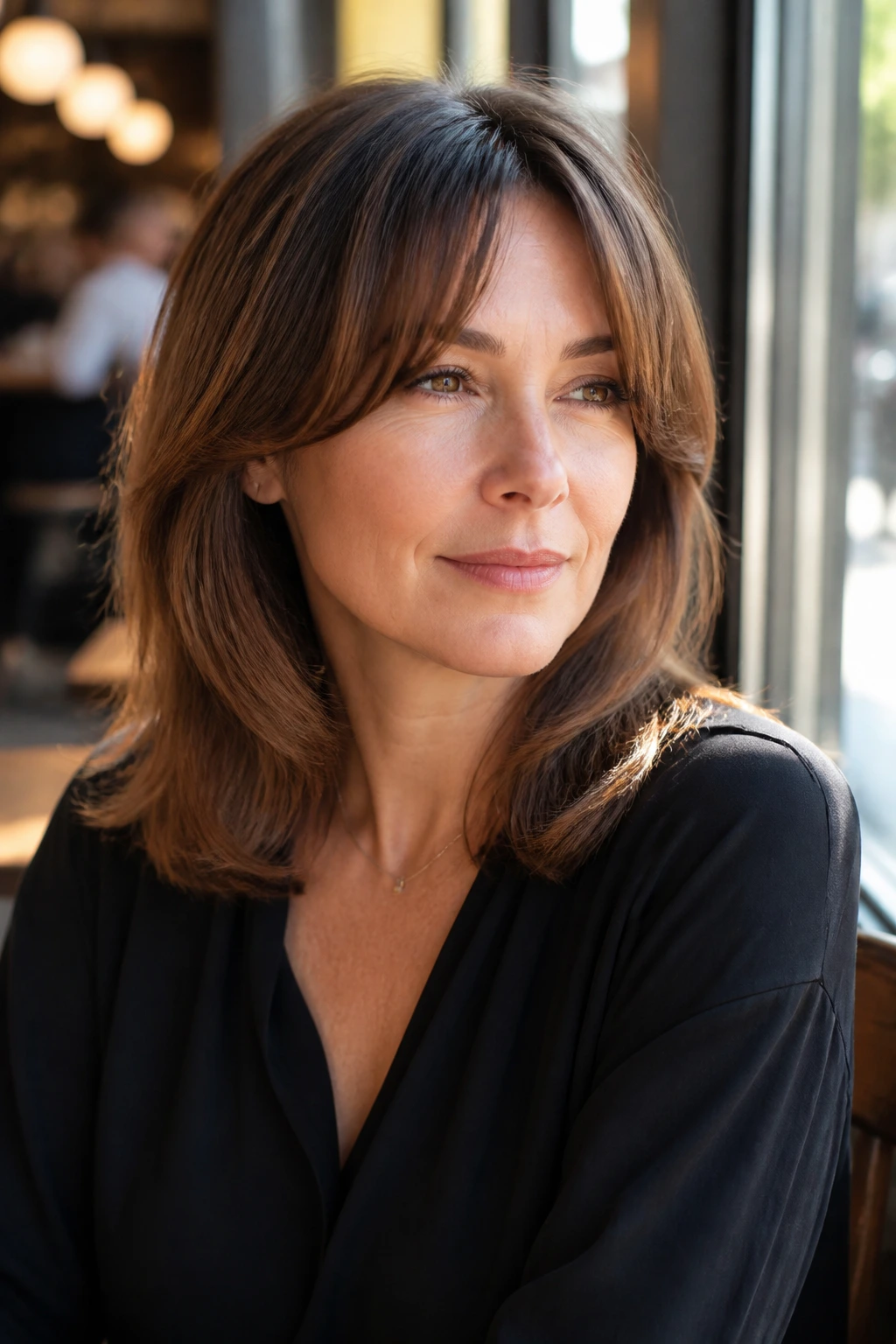 Close-up of a woman with curtain bangs and mid-length hair in cafe daylight