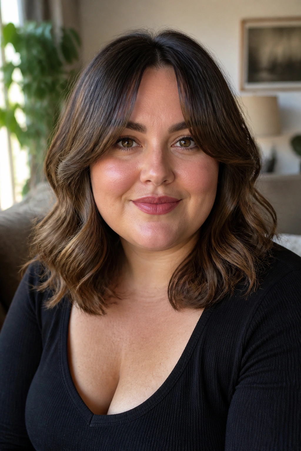 Close-up of a real woman with curtain bangs and mid-length waves.