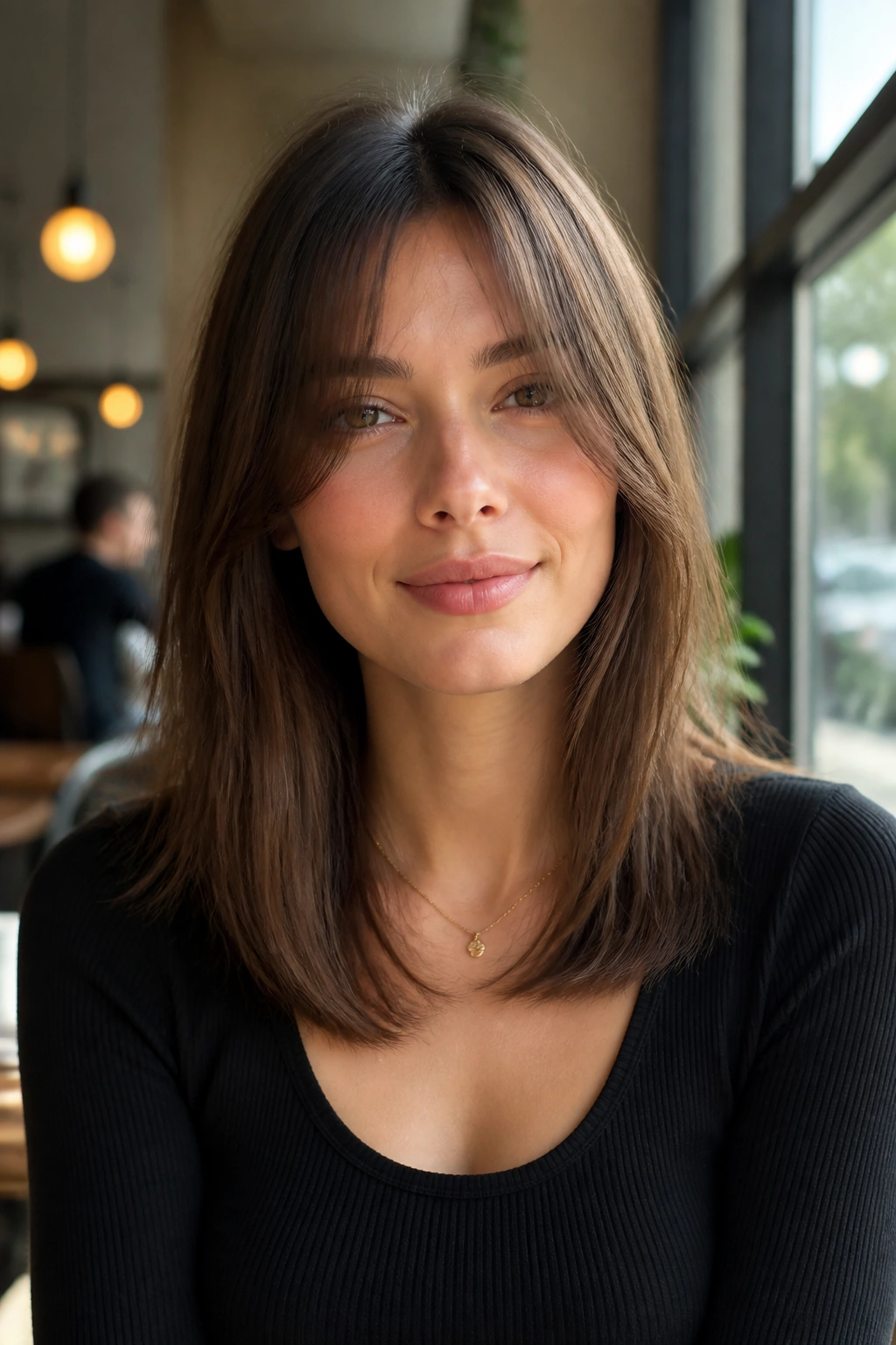 Portrait of a real woman with curtain bangs and straight mid-length hair