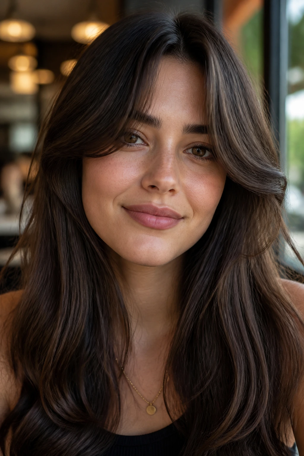 Close-up of curtain bangs with middle part on a real woman