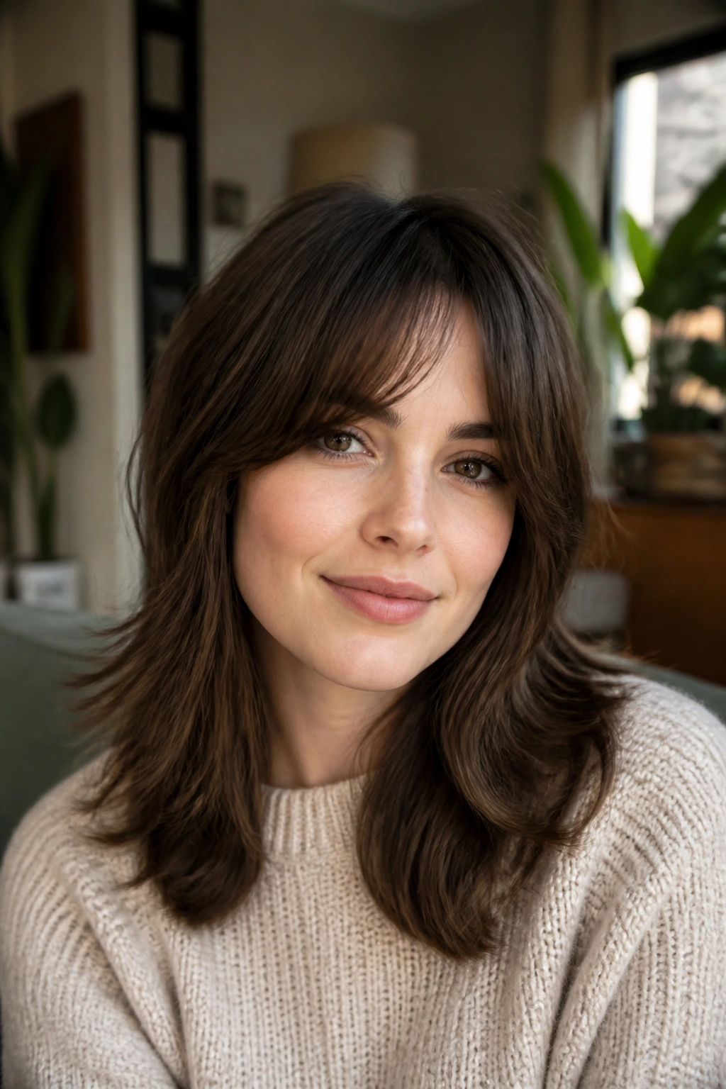 Close-up of a woman with curtain bangs and mid-length cut in a cozy living room
