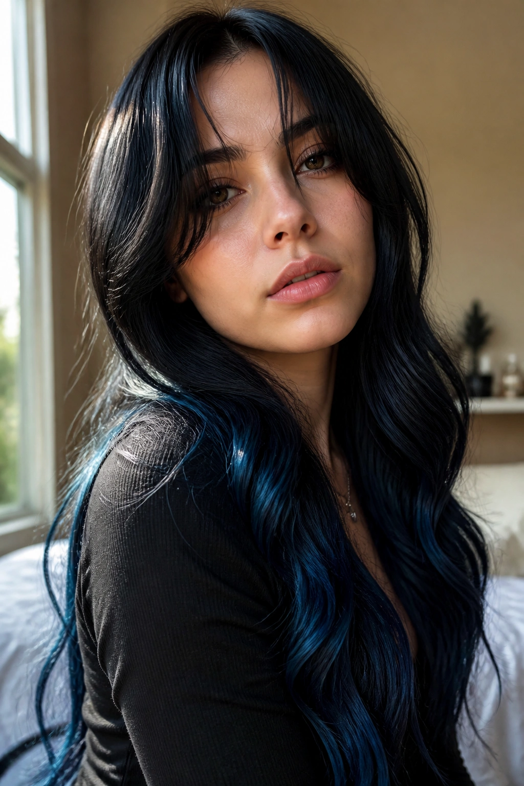 Close-up portrait of a real woman with curtain bangs and midnight blue ombre on long hair