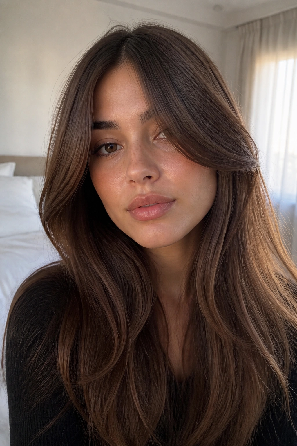 Close-up of a woman with mocha lengths and curtain bangs.