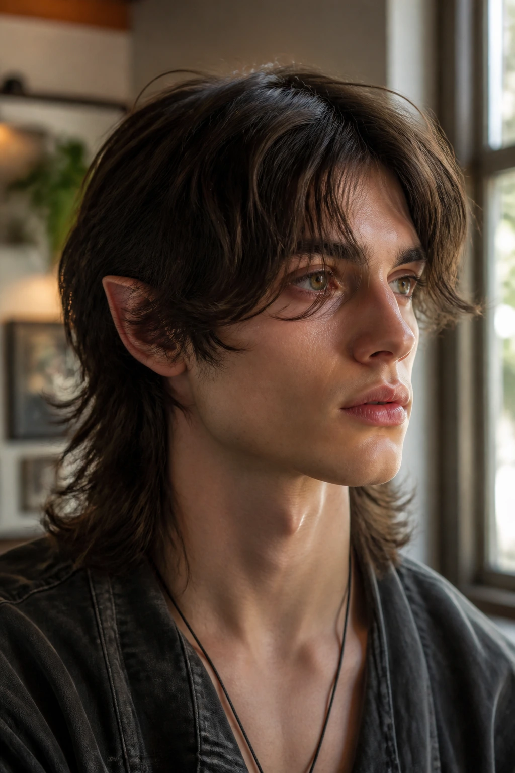 Close-up portrait of a real person with curtain bangs and elvish shag mullet in warm window light