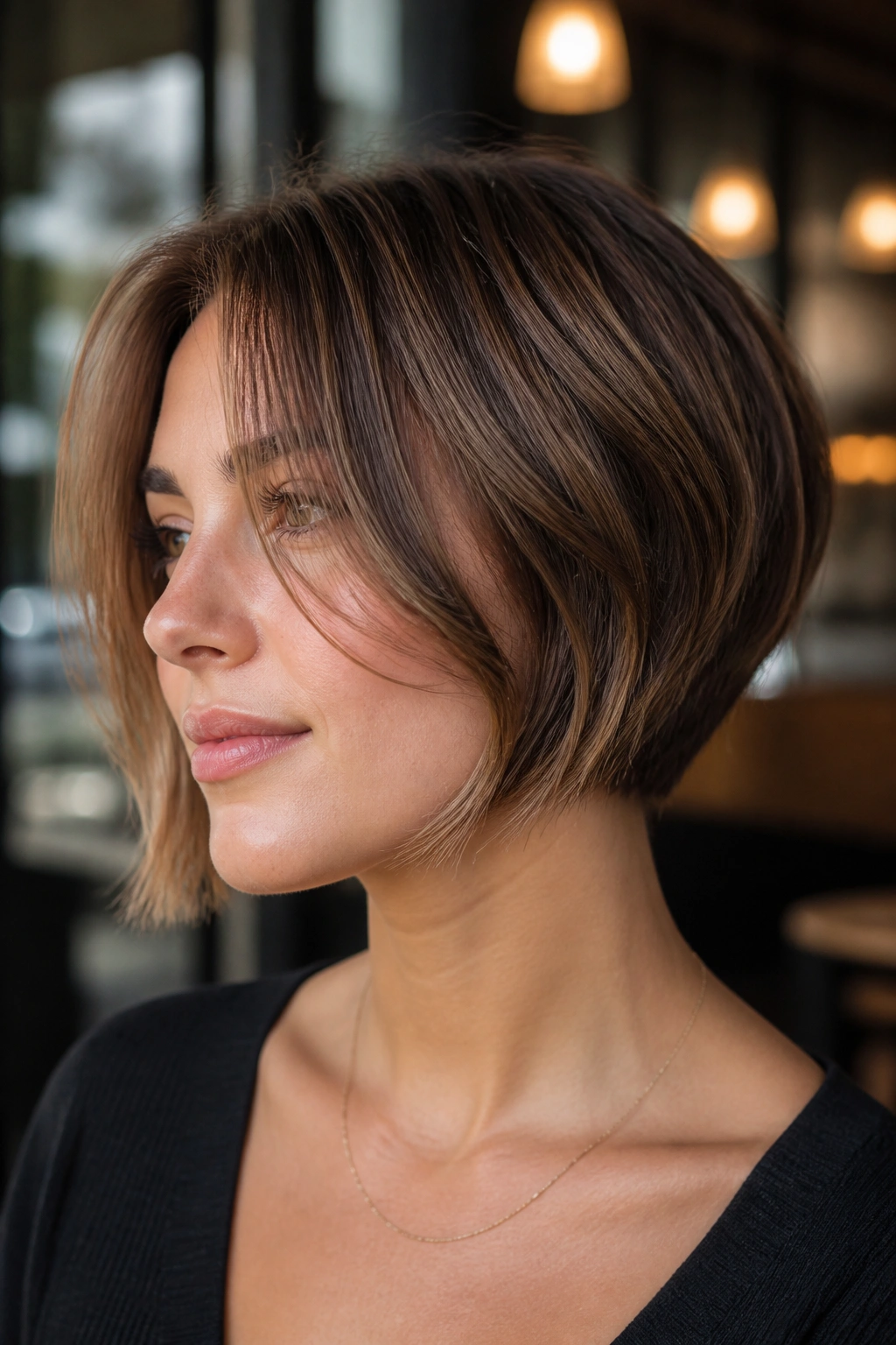 Close-up of a real woman with tapered nape bob and curtain bangs