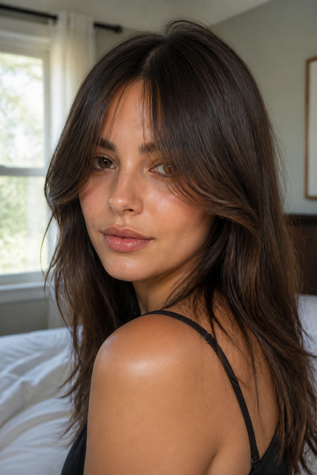Close-up of long curtain bangs split at the nose on a real person with soft natural light