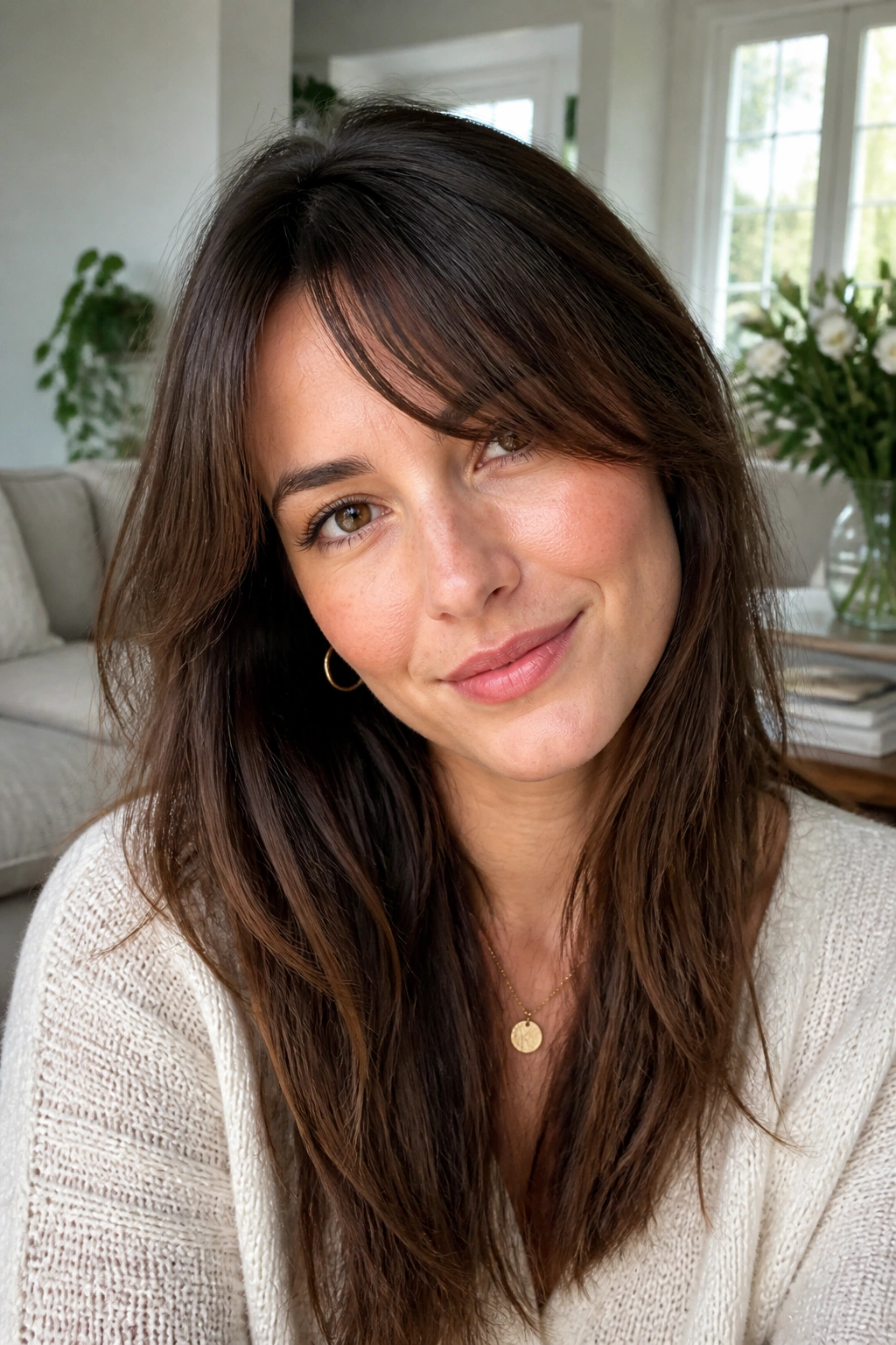 Close-up portrait of a real woman with curtain bangs off-center