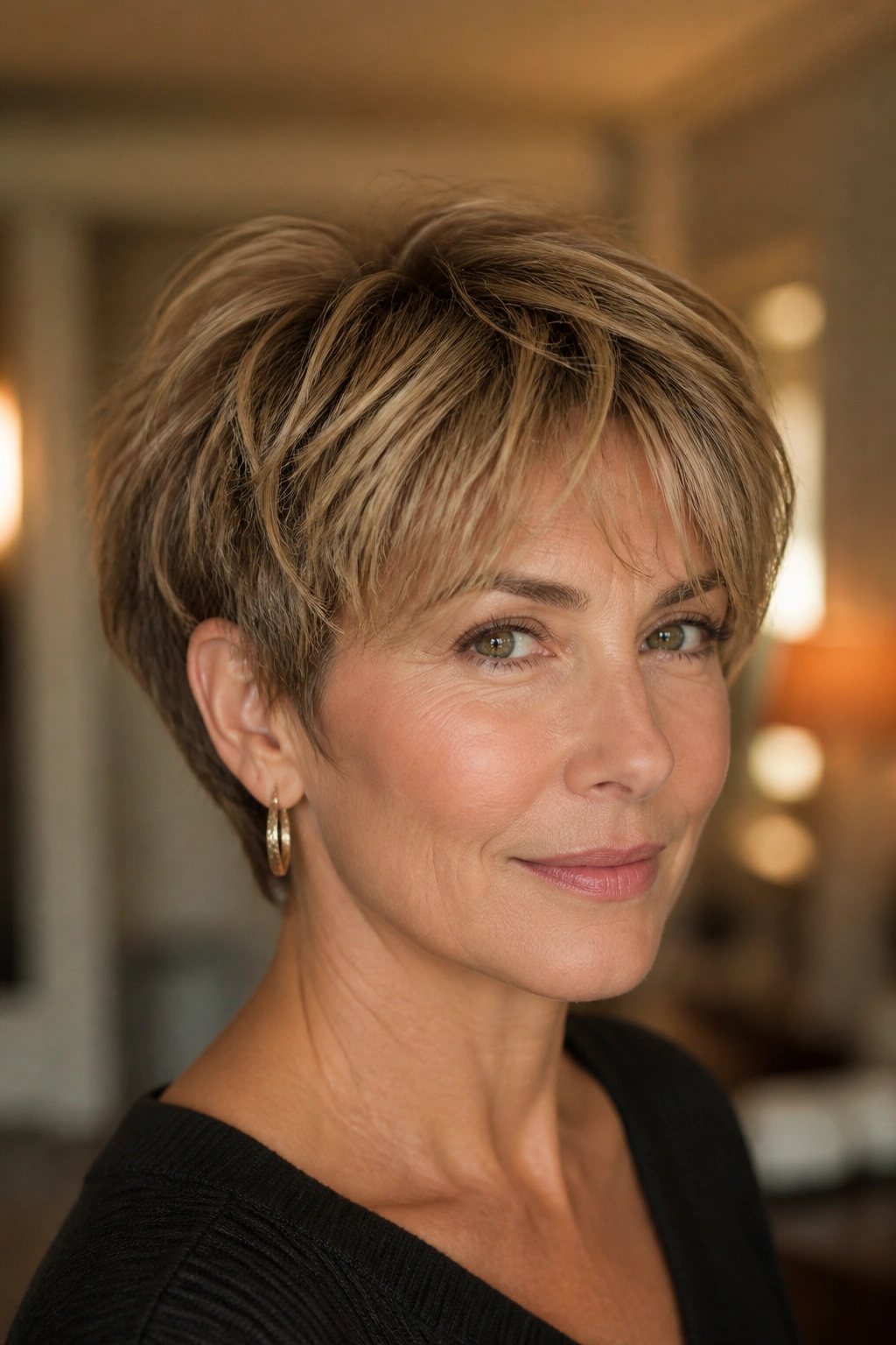 Close-up of a real woman with curtain bangs and choppy pixie texture in soft indoor light