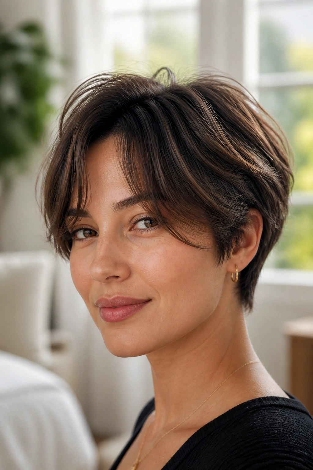 Close-up of a real woman with curtain bangs in thick pixie cut